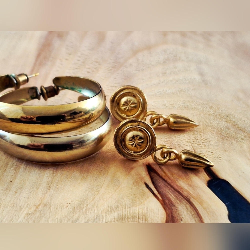 Gold Hoop and Dangle Earrings  2 Pairs